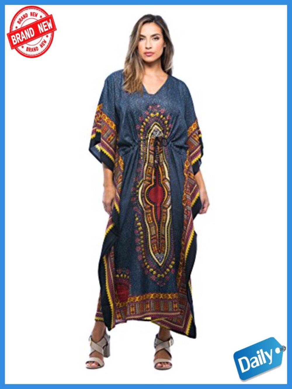 Short Caftan Dress with Medallion Print V-Neck Short Sleeves